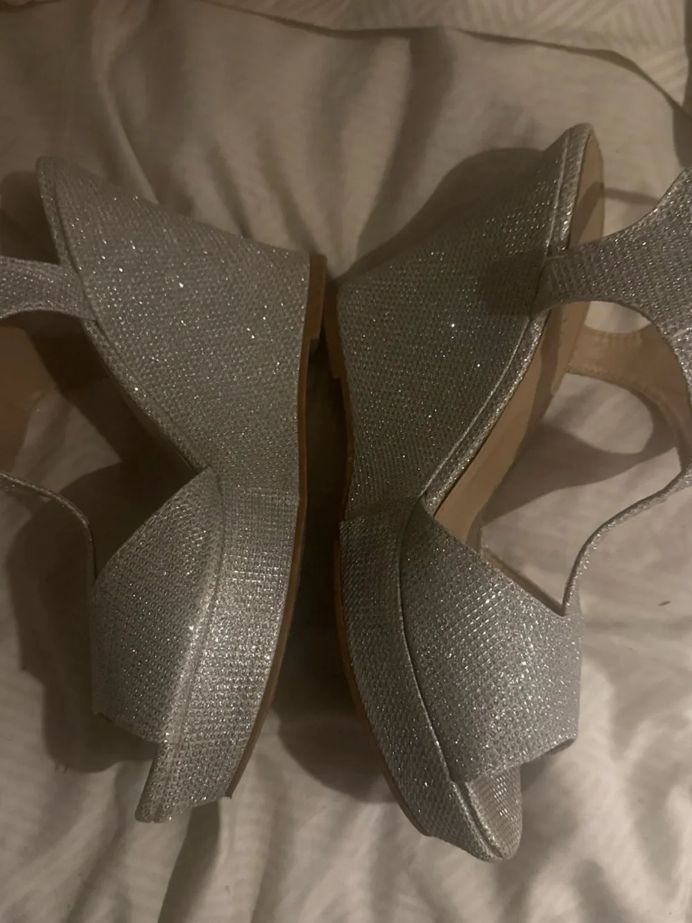Rampage Glitter Silver Platform T-Strap Heels